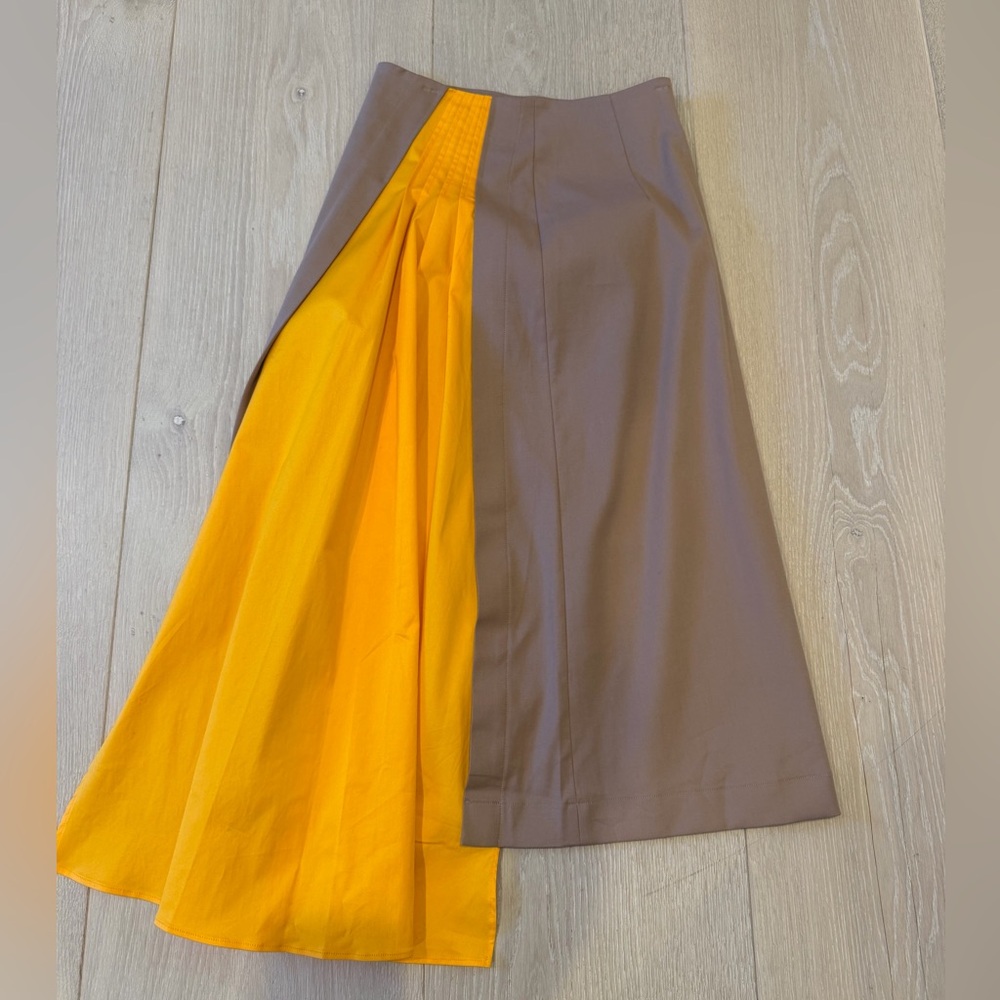 Mother of Pearl Two-Tone Brown A-Line Skirt with Mustard Yellow asymmetrical cut